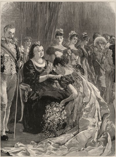 Drawing room at Buckingham Palace: Debutante kissing Queen Victoria